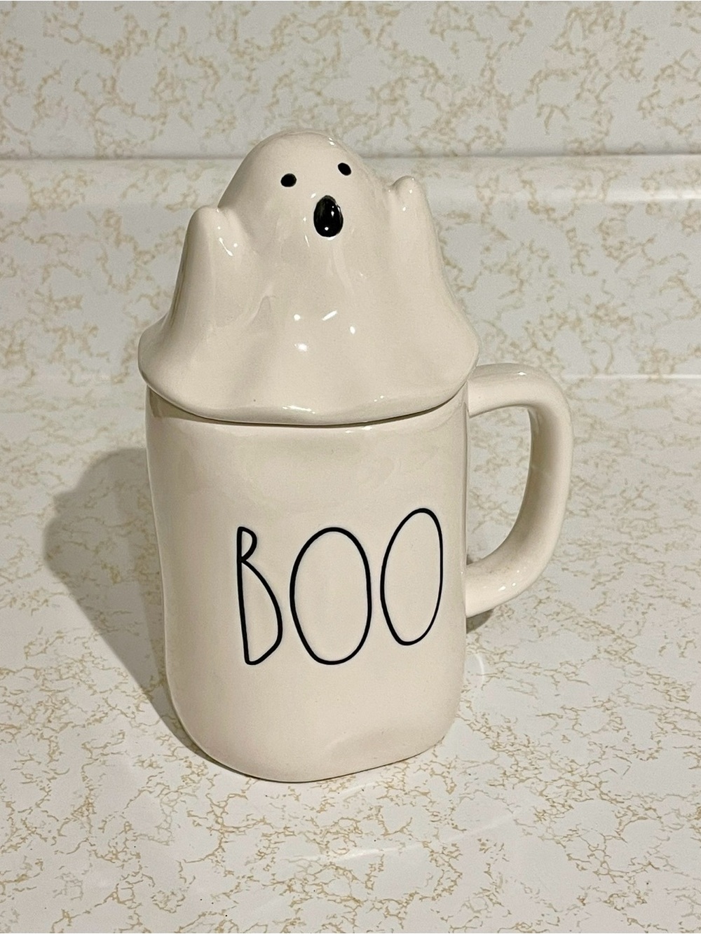 RAE DUNN GHOST BOO LIDDED COFFEE MUG W/ TOPPER CUP HALLOWEEN DECOR